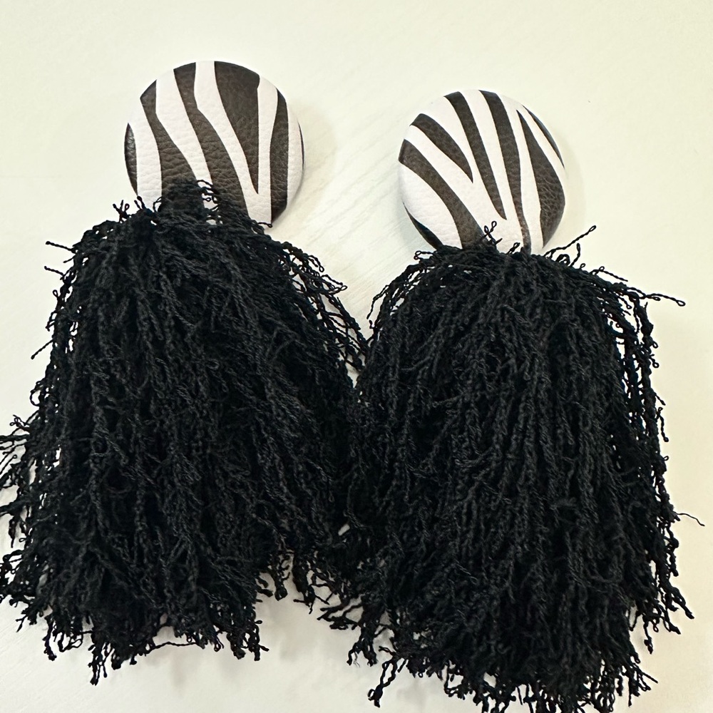 Faux Leather Zebra Print Black Tassel Earrings